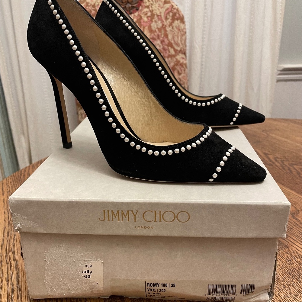 Worn once- Jimmy Choo Romy Pearl Black Suede 100 Heels- Size 38